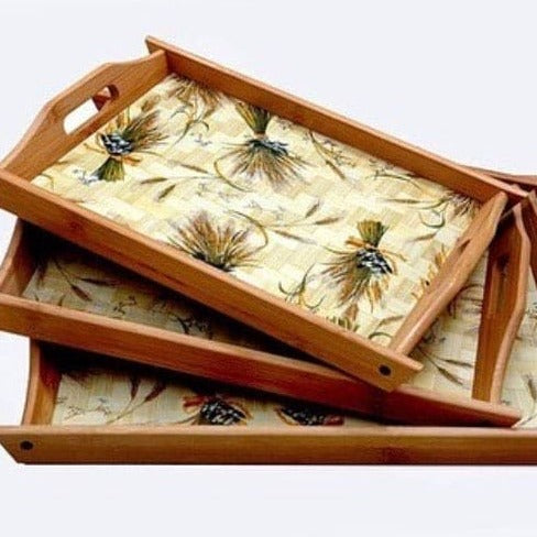 Set of 3 Bamboo Trays, Japan Style Tea Trays, Printed Serving Tray With Handles Set of 3 Bamboo Trays, Japan Style Tea Trays, Printed Serving Tray With Handles